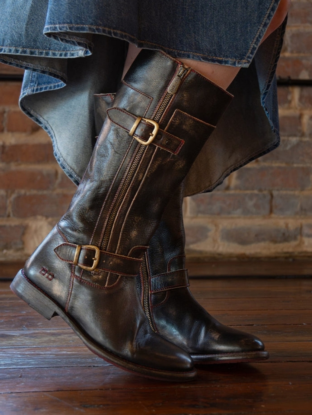 Bed Stu Gogo Lug boot women 7 engineer leather moto buckle dual zippers Black - Picture 2 of 8